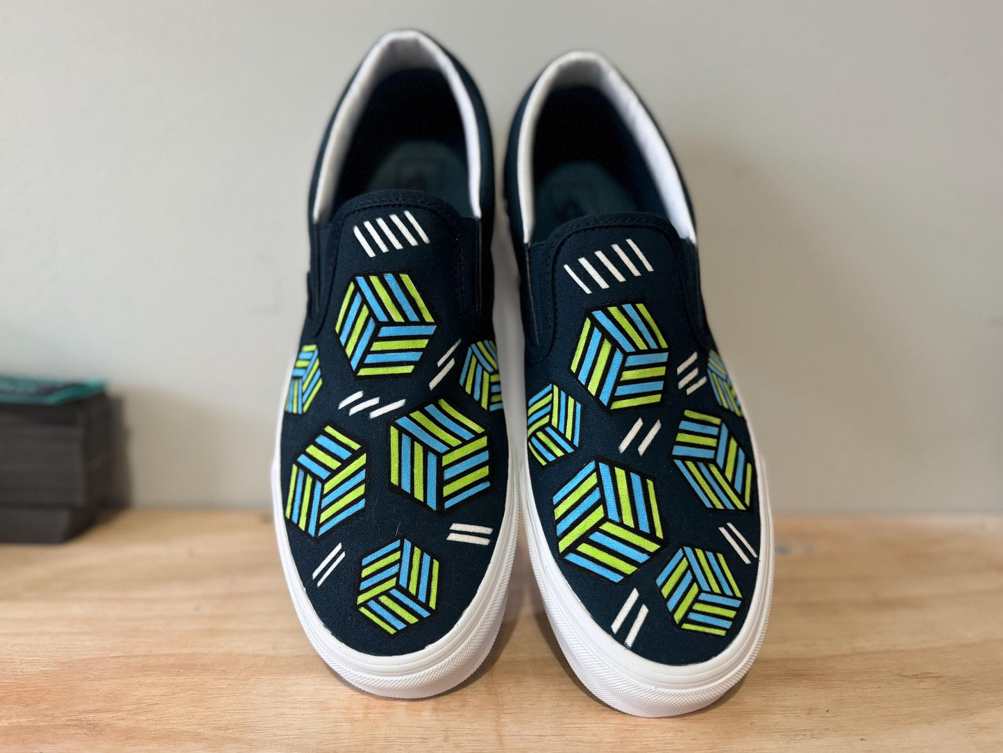 Hand-Painted Geometric Slip-On Sneakers – Modern Cube Pattern in Green & Blue