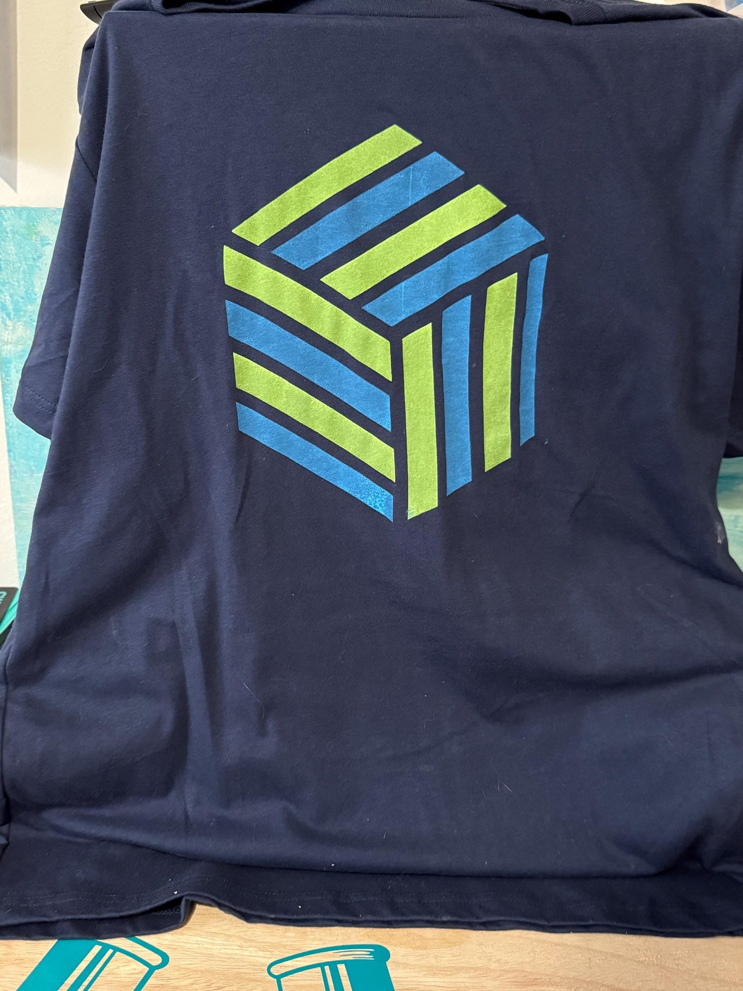 Geometric Striped Cube T-Shirt – Blue and Green on Navy Blue | Modern Optical Illusion Design | Unisex Fit