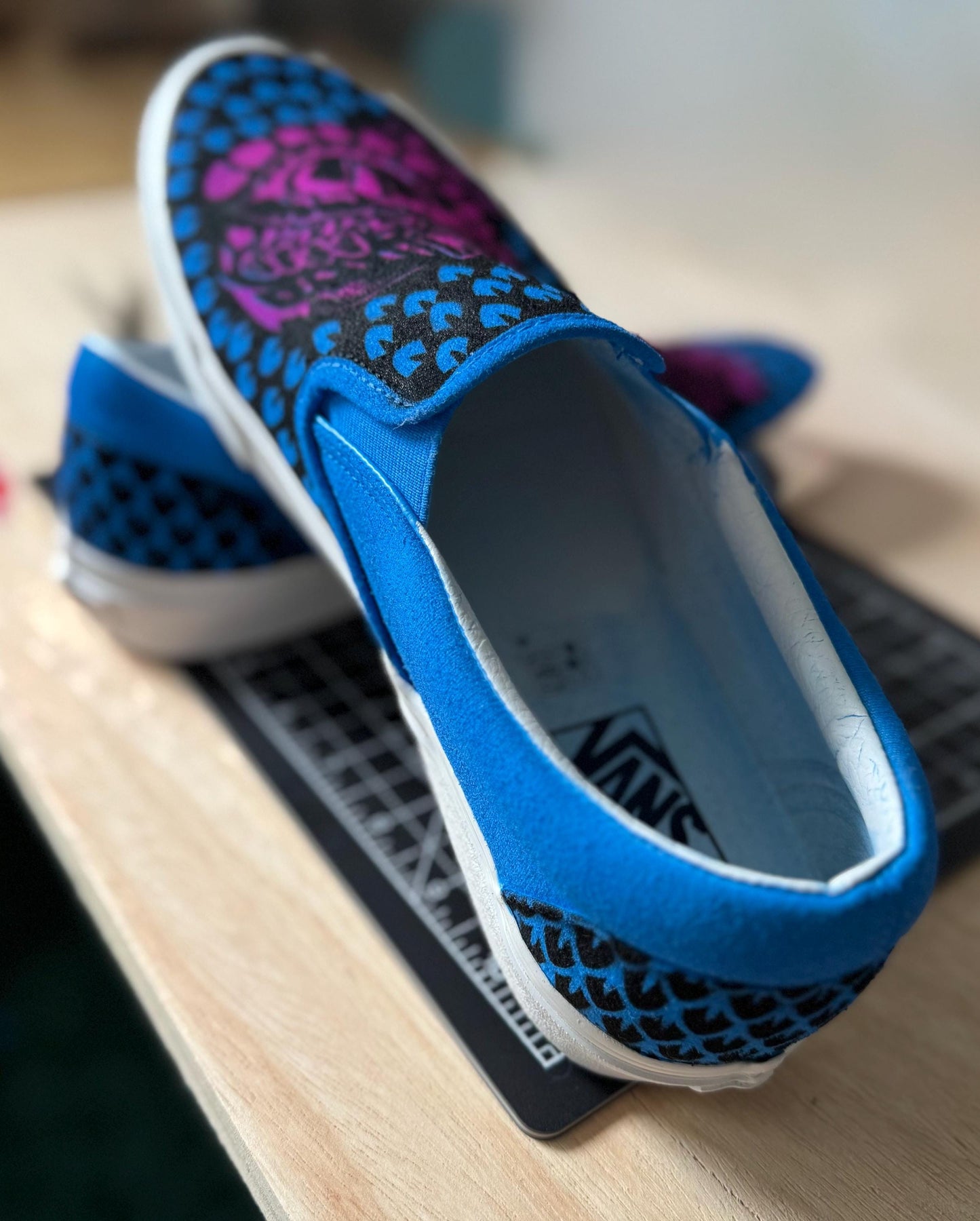 Custom Hand Painted Vans Slip On Shoes Fierce Beast Design Unique Wearable Art