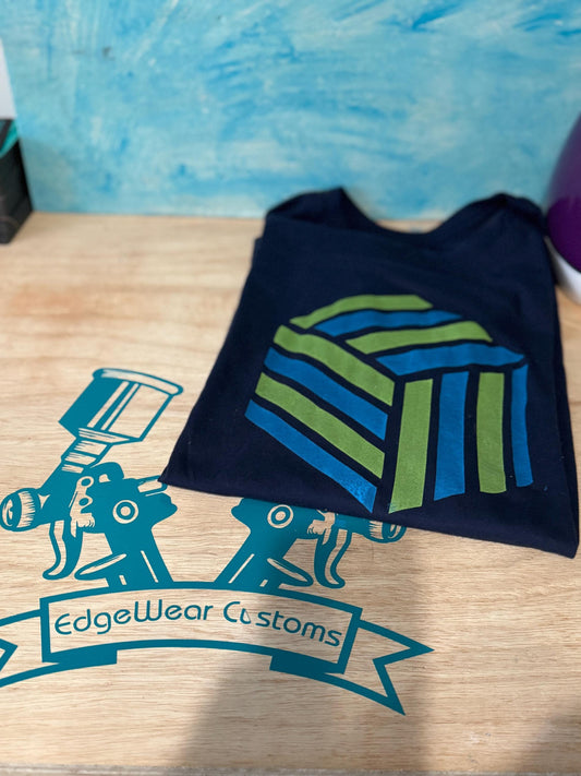 Geometric Striped Cube T-Shirt – Blue and Green on Navy Blue | Modern Optical Illusion Design | Unisex Fit