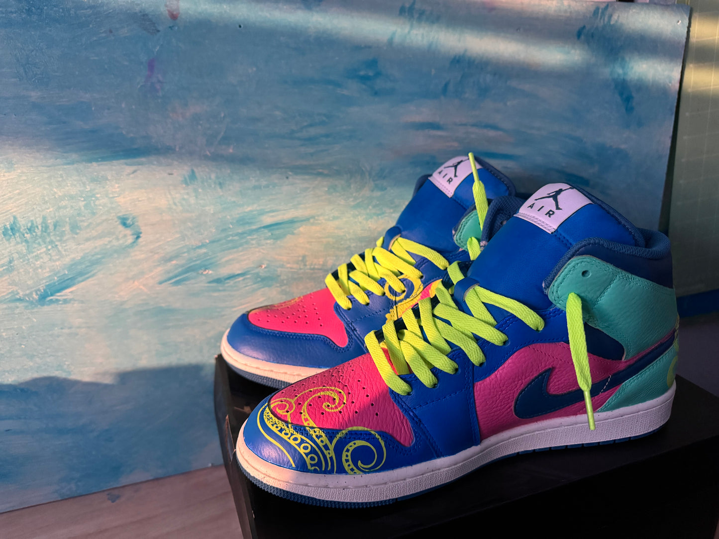 Custom Hand-Painted Air Jordan 1 Mid Sneakers – Neon Octopus Style