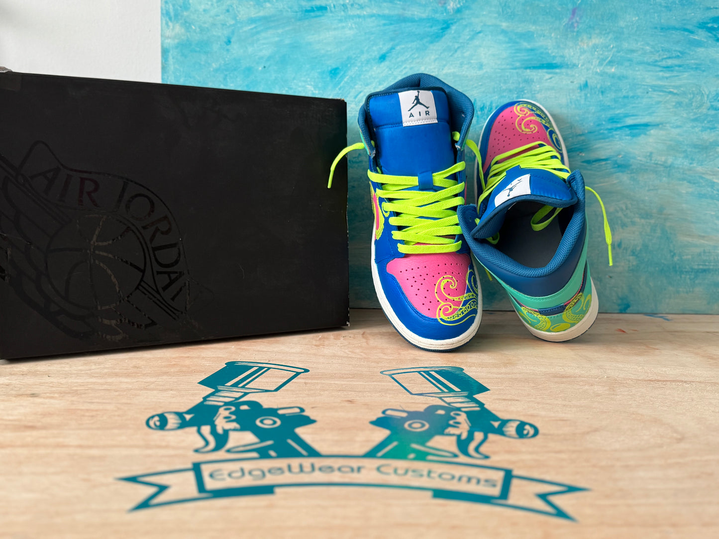 Custom Hand-Painted Air Jordan 1 Mid Sneakers – Neon Octopus Style