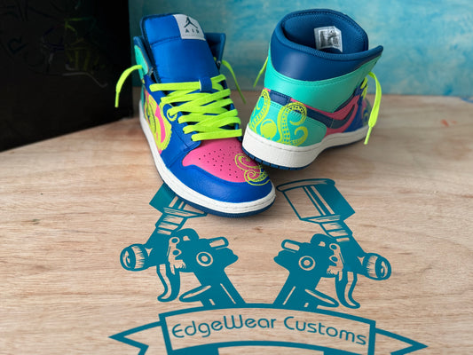 Custom Hand-Painted Air Jordan 1 Mid Sneakers – Neon Octopus Style