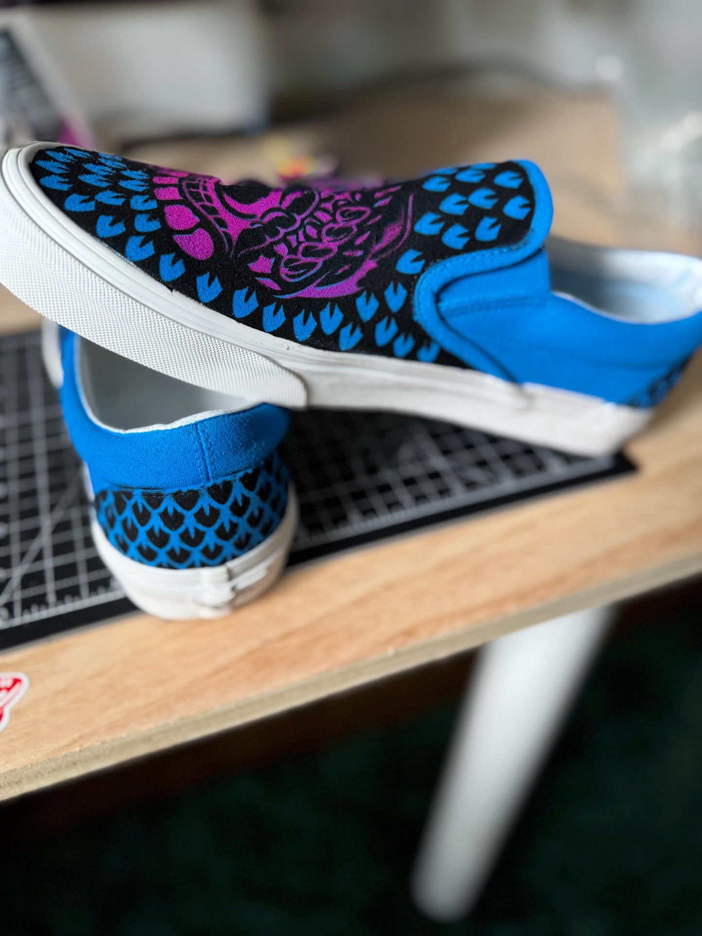 Custom Hand Painted Vans Slip On Shoes Fierce Beast Design Unique Wearable Art